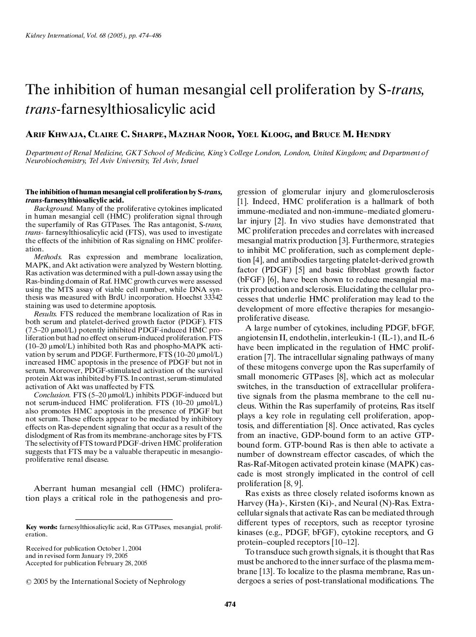 The inhibition of human mesangial cell proliferation by S-trans, trans-farnesylthiosalicylic acid