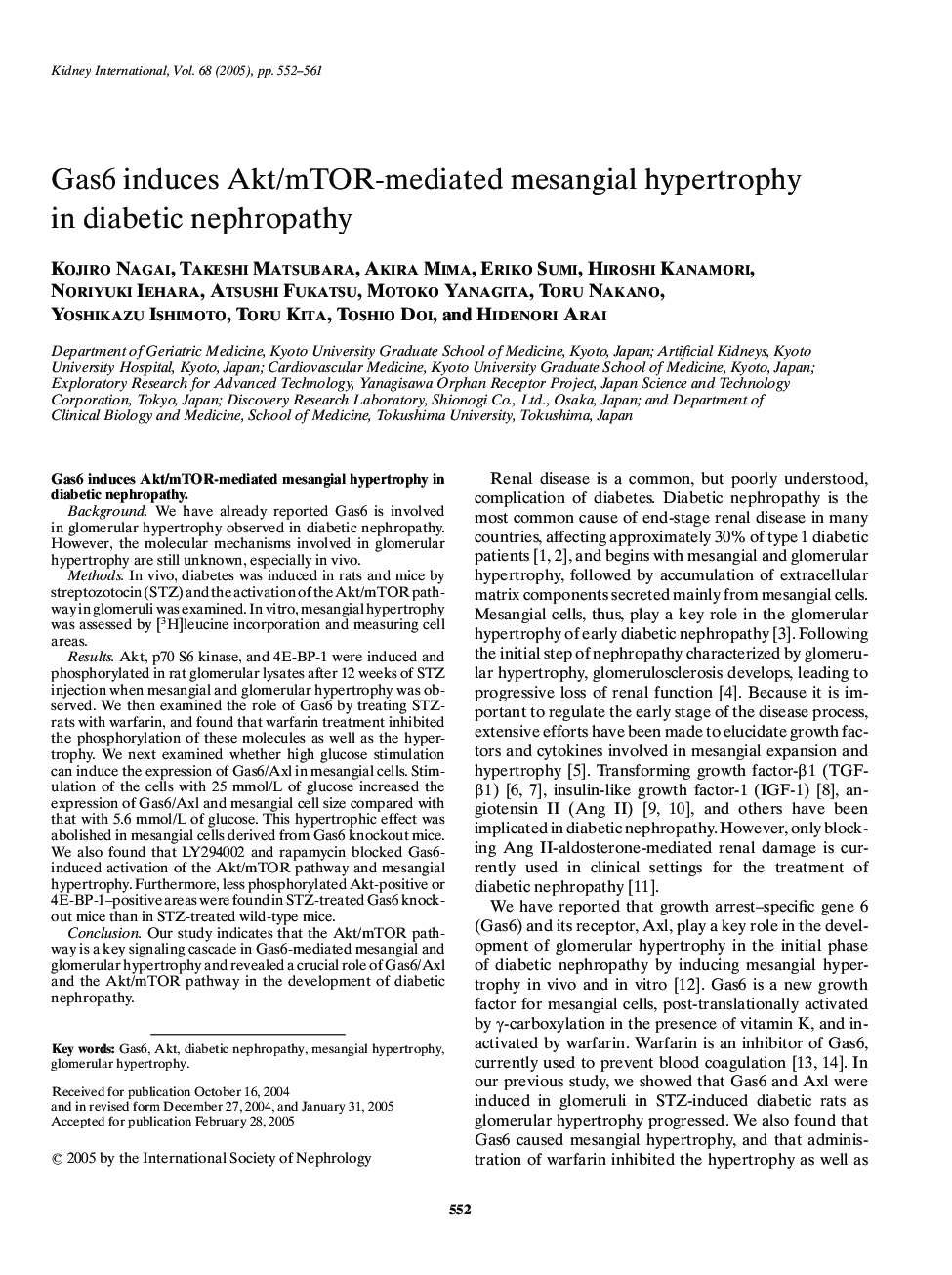 Gas6 induces Akt/mTOR-mediated mesangial hypertrophy in diabetic nephropathy