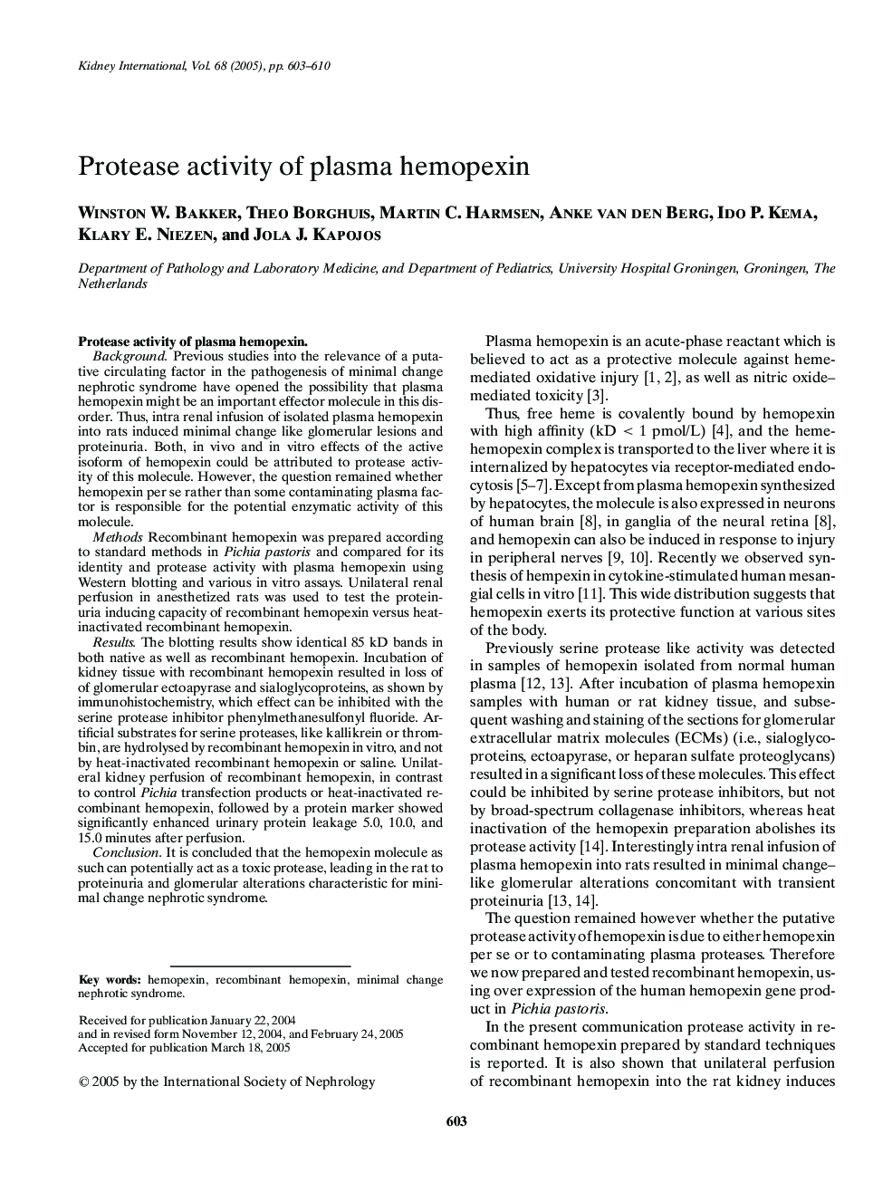 Protease activity of plasma hemopexin