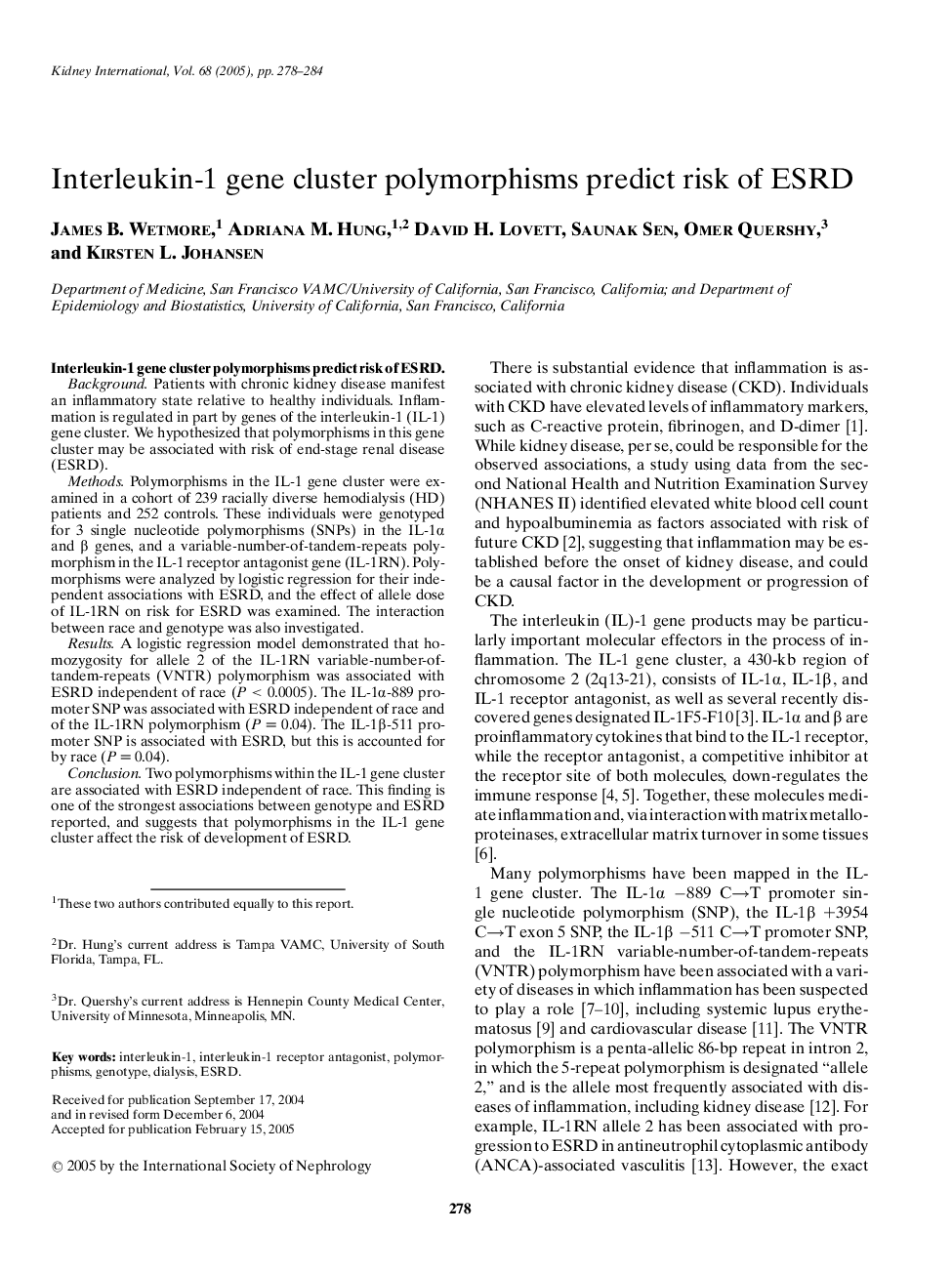 Interleukin-1 gene cluster polymorphisms predict risk of ESRD