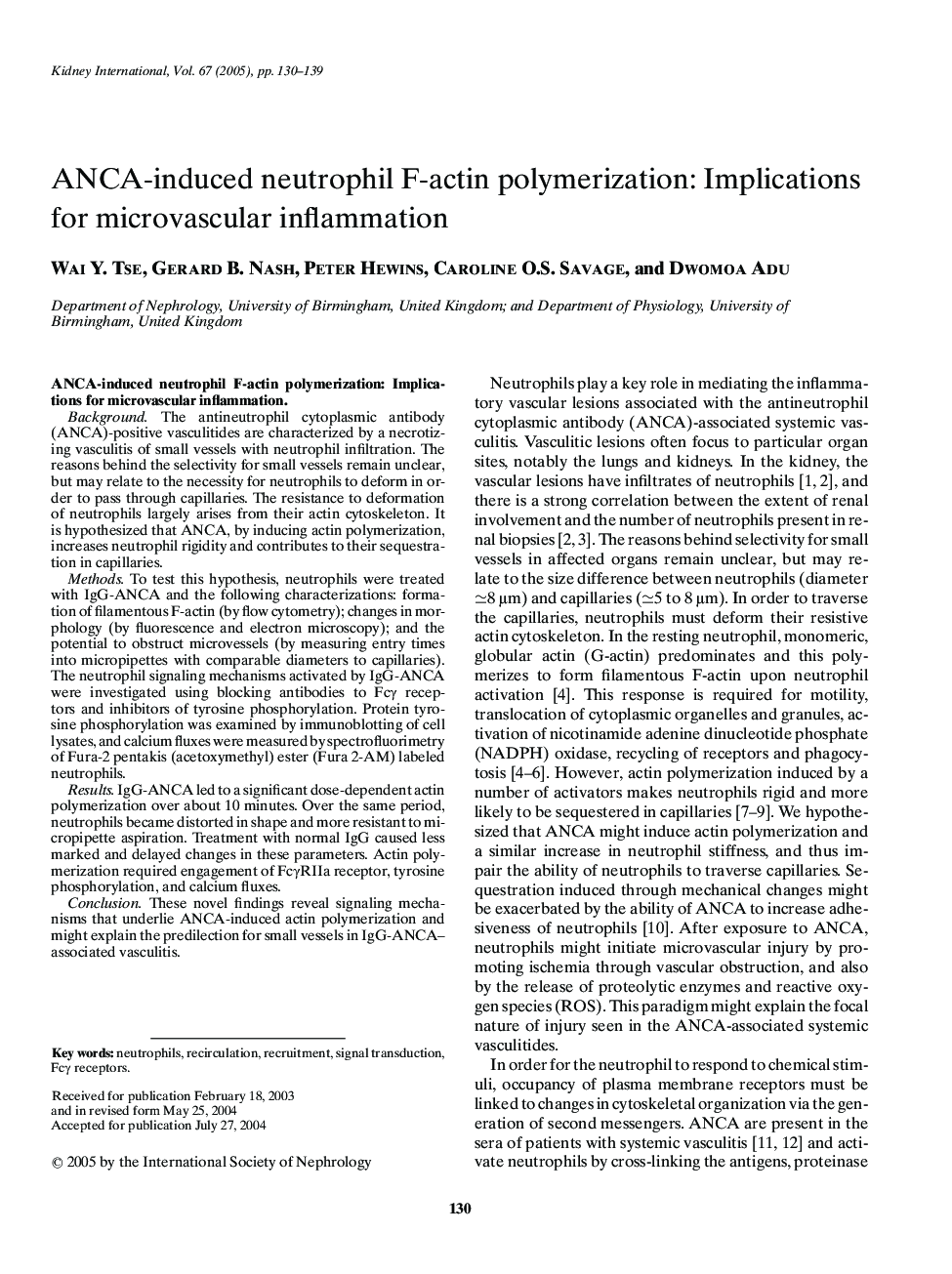 ANCA-induced neutrophil F-actin polymerization: Implications for microvascular inflammation