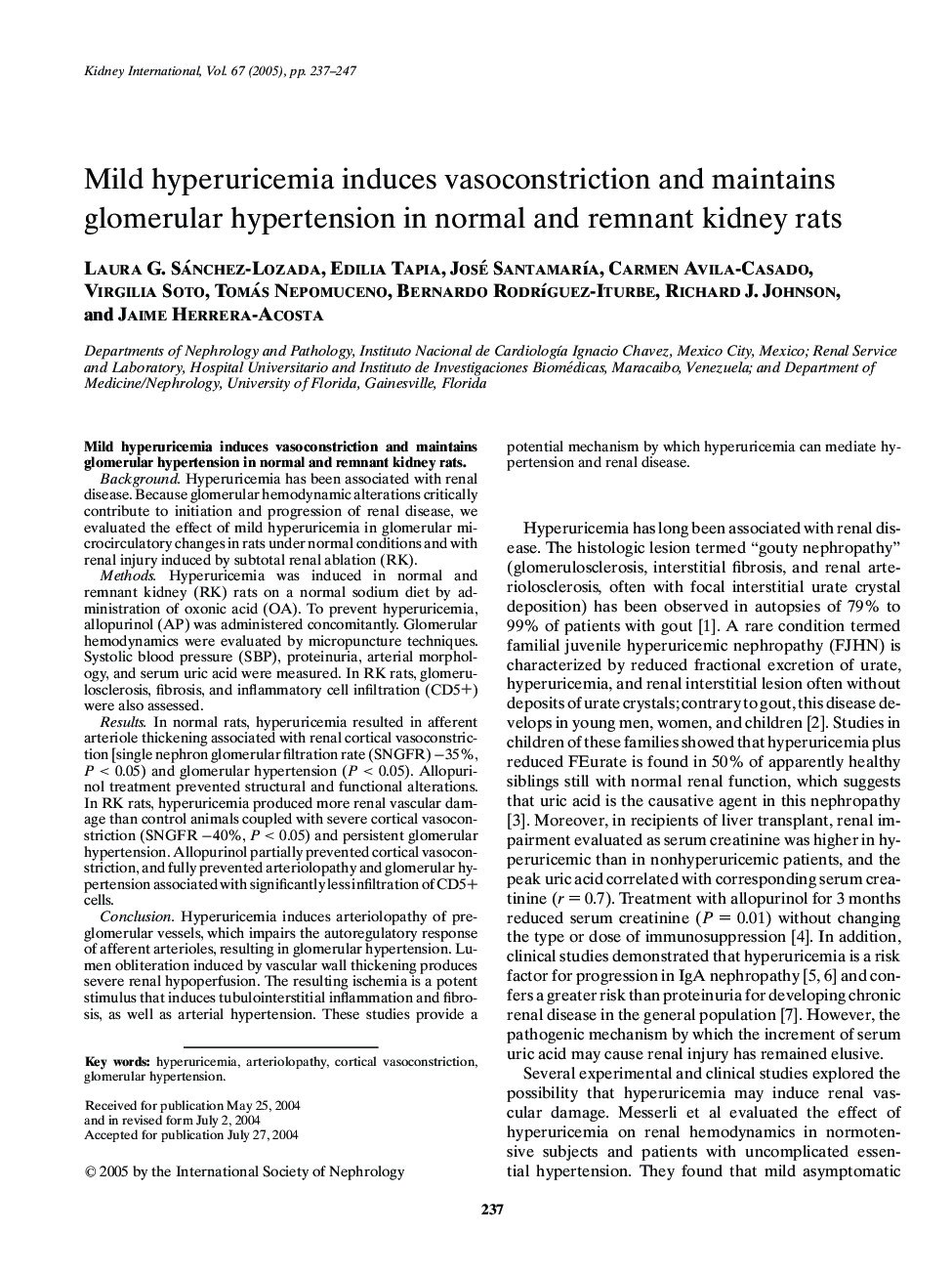 Mild hyperuricemia induces vasoconstriction and maintains glomerular hypertension in normal and remnant kidney rats