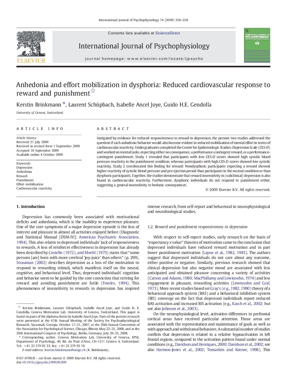 Anhedonia and effort mobilization in dysphoria: Reduced cardiovascular response to reward and punishment 