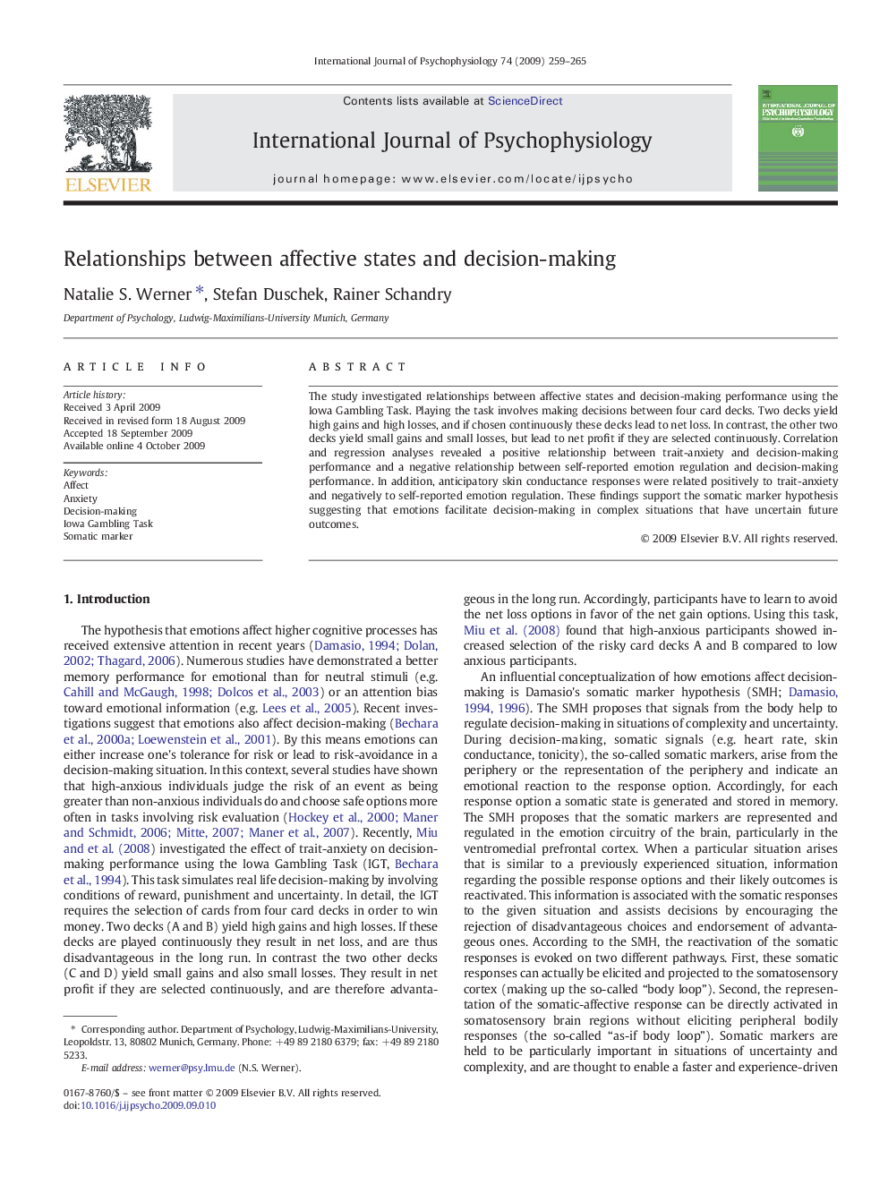 Relationships between affective states and decision-making