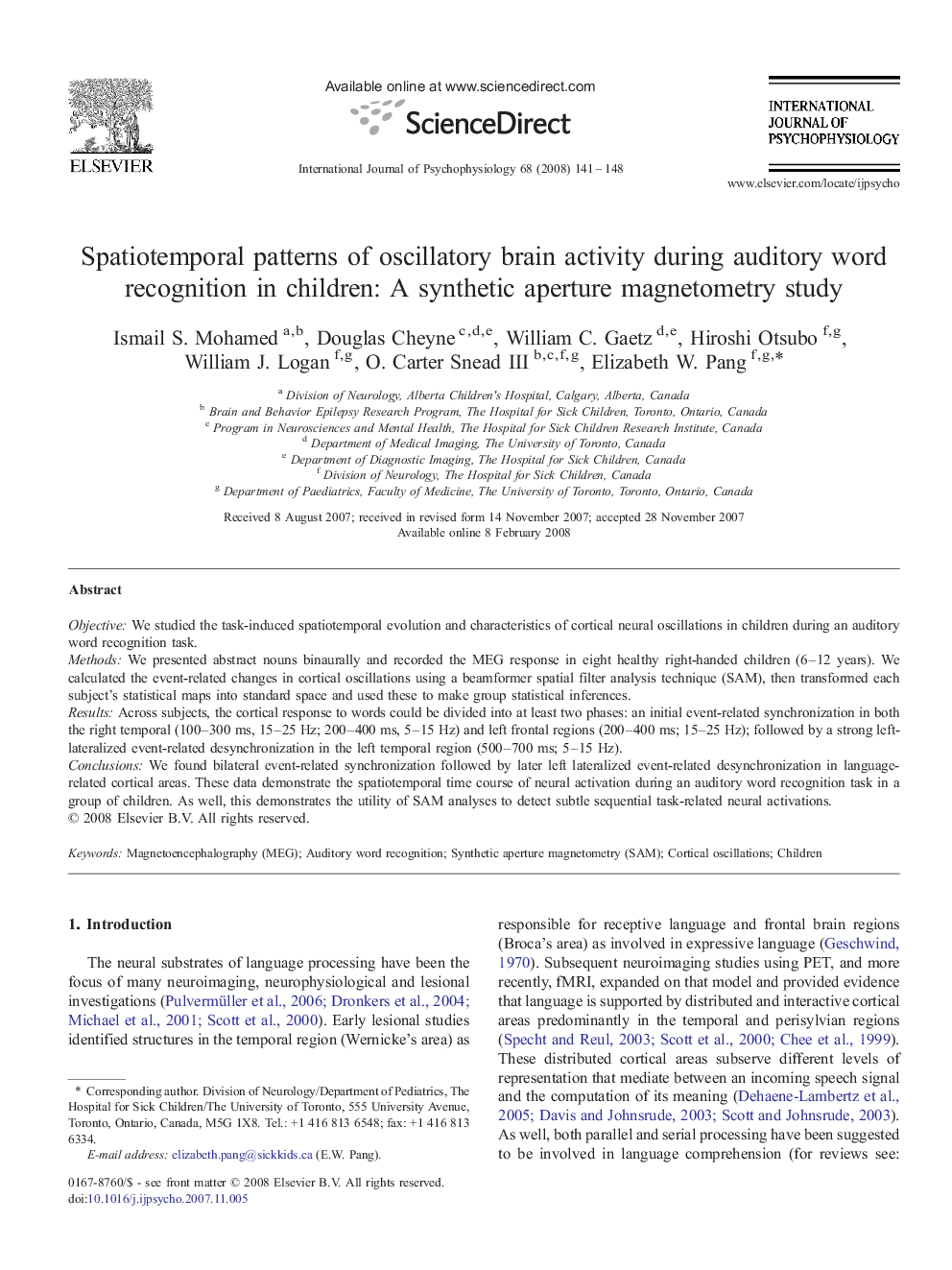 Spatiotemporal patterns of oscillatory brain activity during auditory word recognition in children: A synthetic aperture magnetometry study