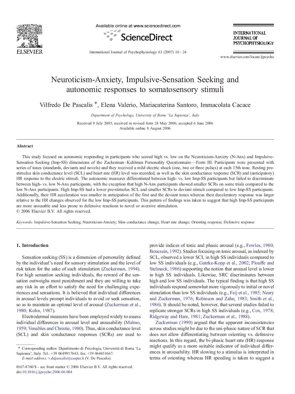 Neuroticism-Anxiety, Impulsive-Sensation Seeking and autonomic responses to somatosensory stimuli