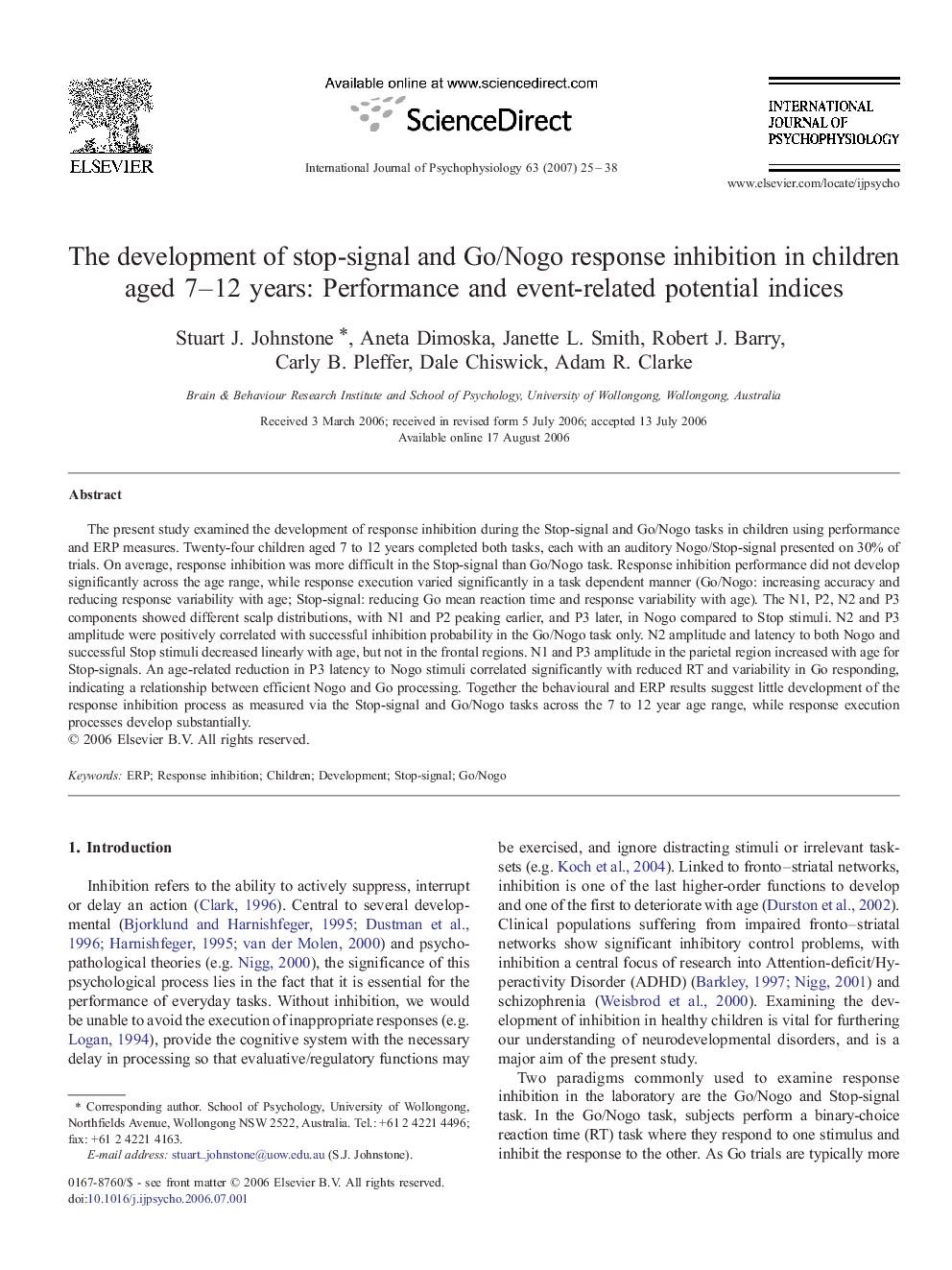 The development of stop-signal and Go/Nogo response inhibition in children aged 7–12 years: Performance and event-related potential indices