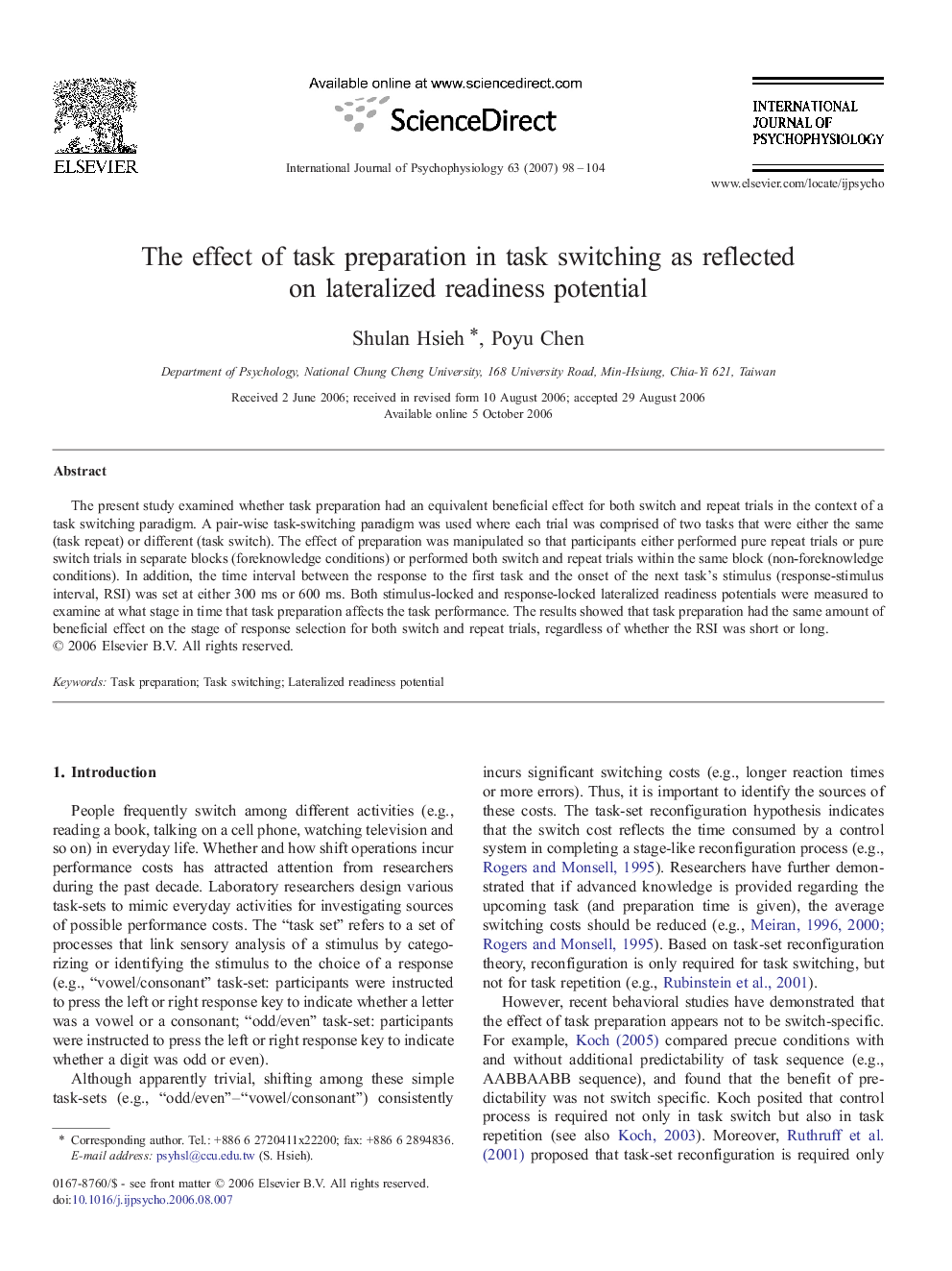 The effect of task preparation in task switching as reflected on lateralized readiness potential