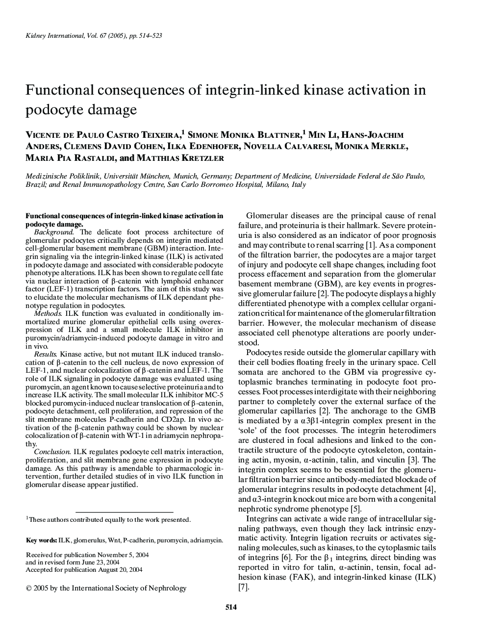 Functional consequences of integrin-linked kinase activation in podocyte damage