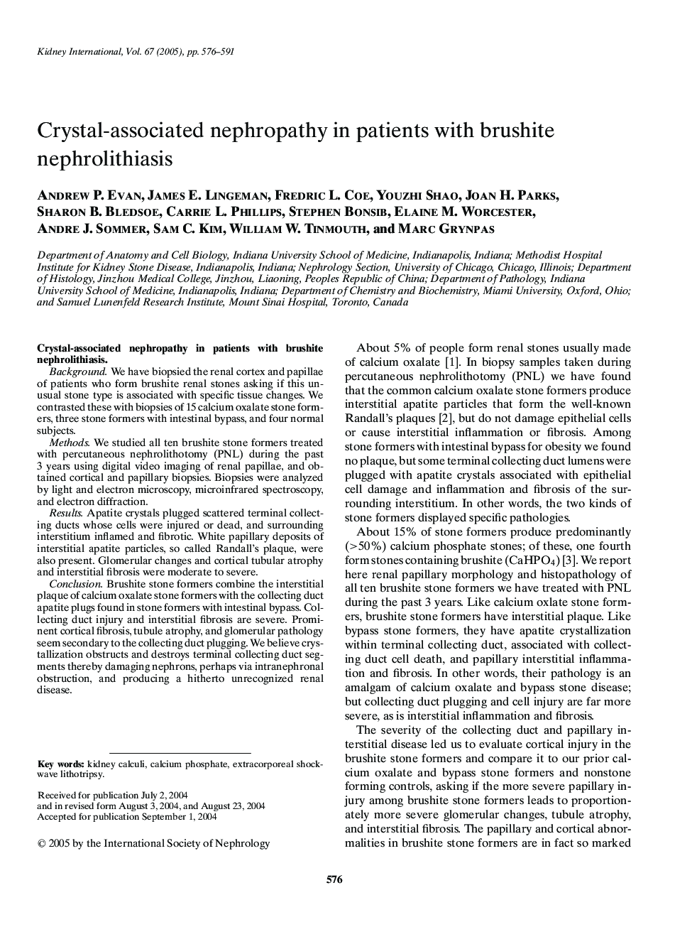 Crystal-associated nephropathy in patients with brushite nephrolithiasis