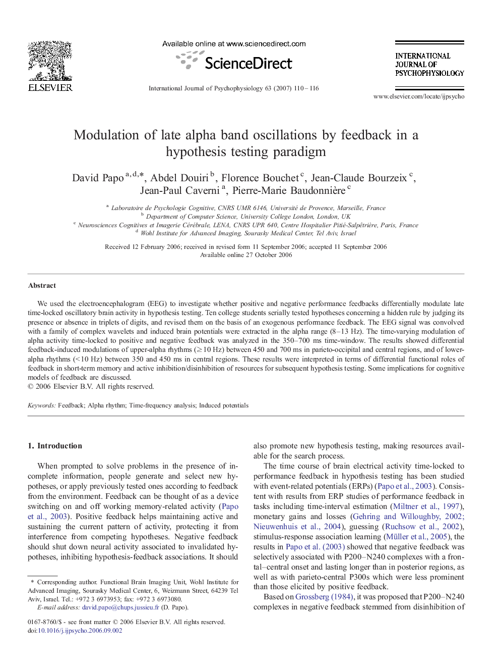 Modulation of late alpha band oscillations by feedback in a hypothesis testing paradigm