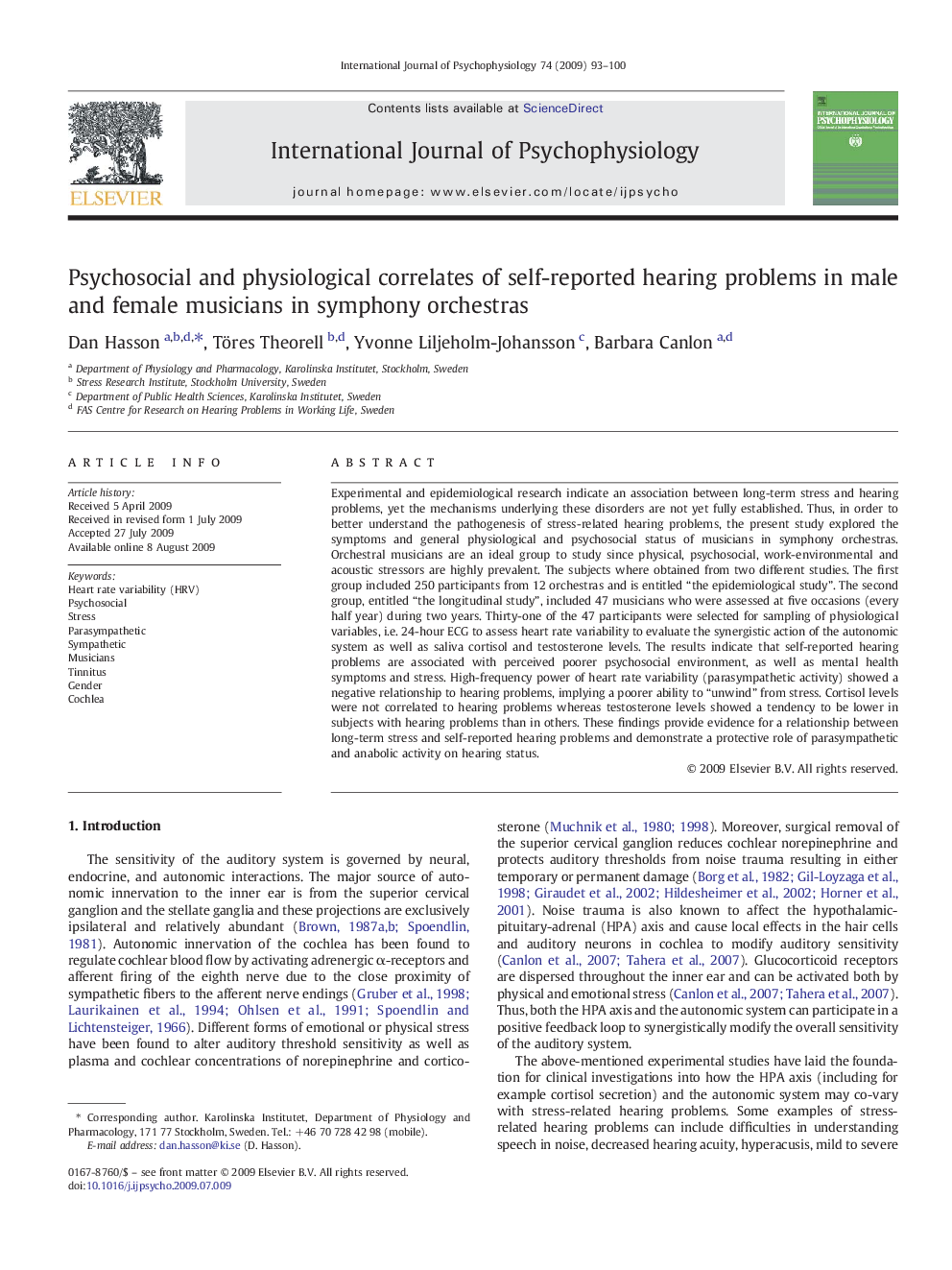 Psychosocial and physiological correlates of self-reported hearing problems in male and female musicians in symphony orchestras