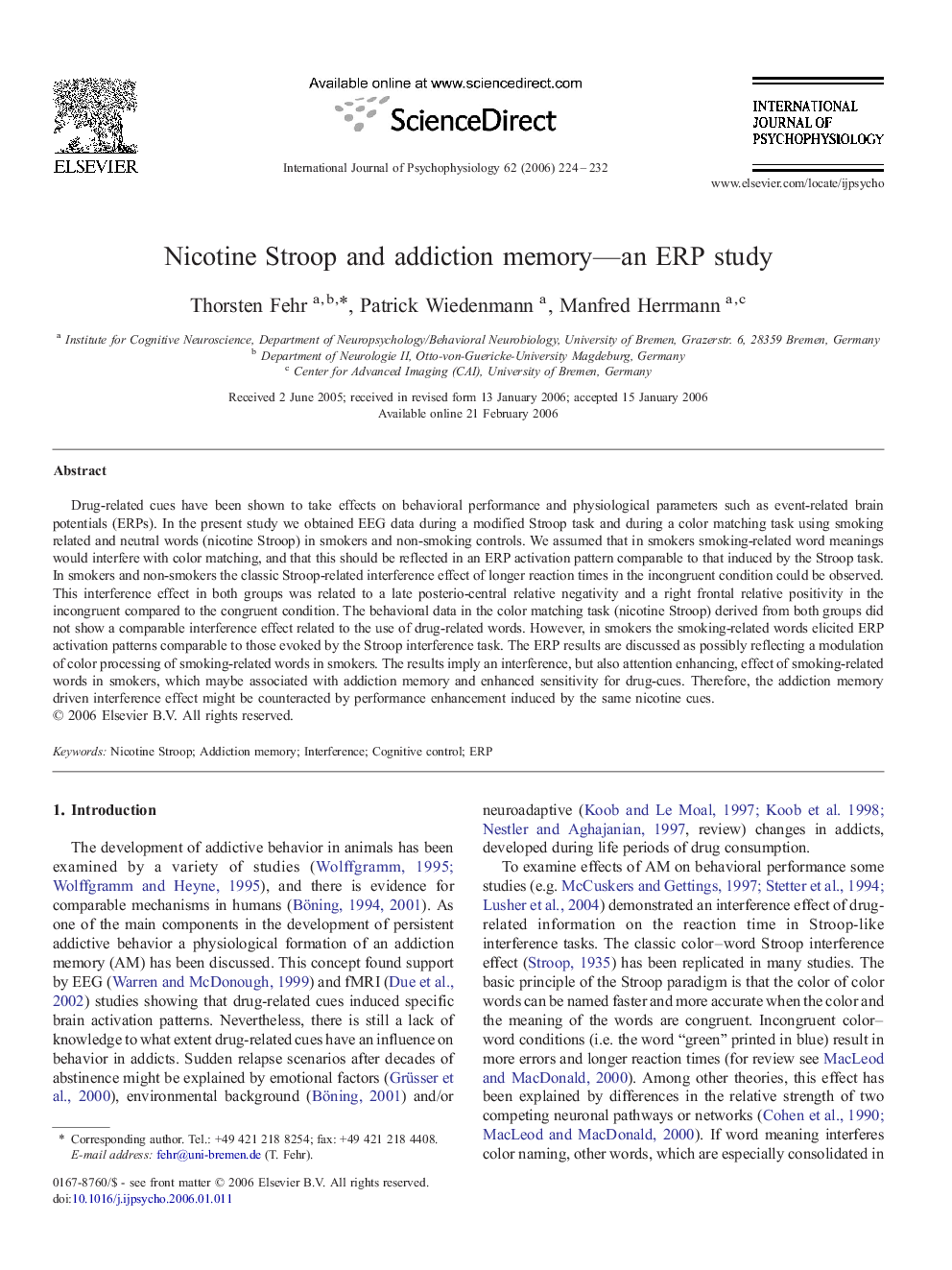 Nicotine Stroop and addiction memory—an ERP study