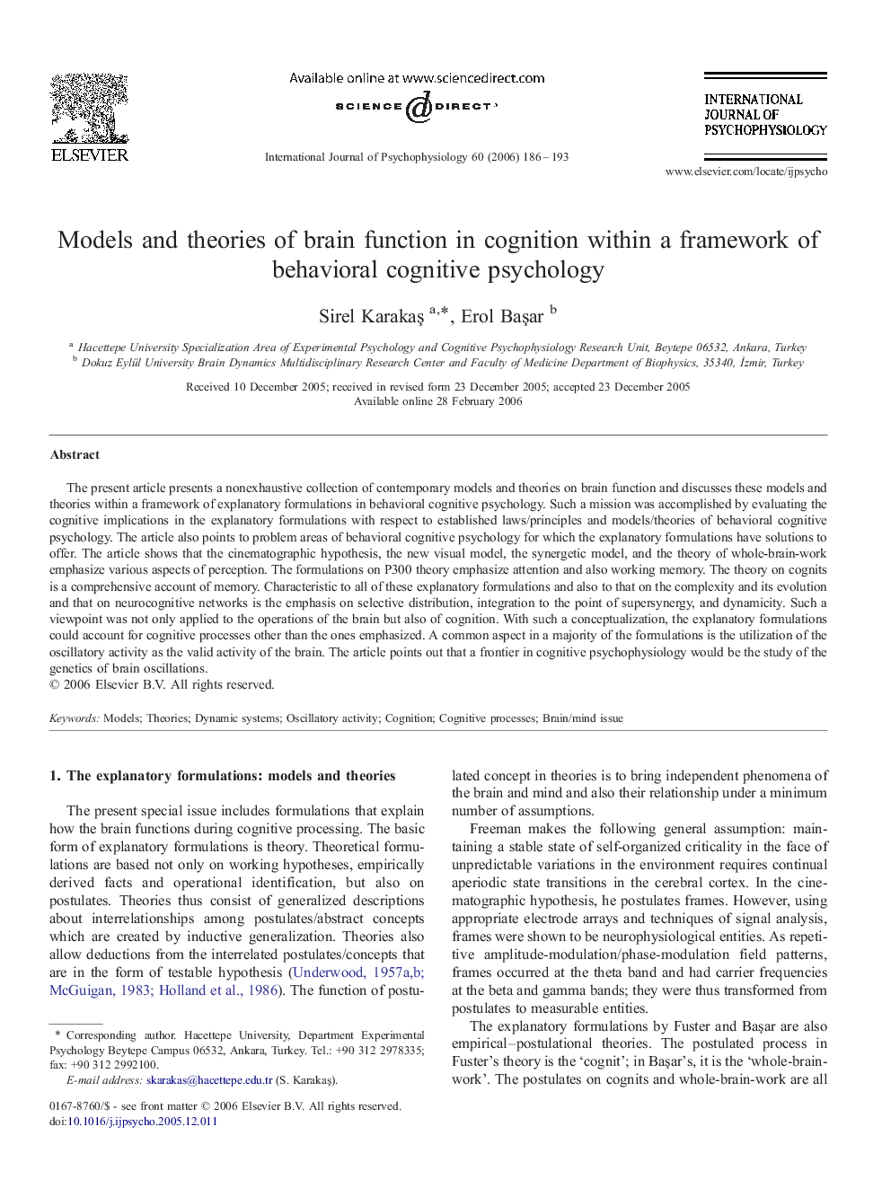 Models and theories of brain function in cognition within a framework of behavioral cognitive psychology