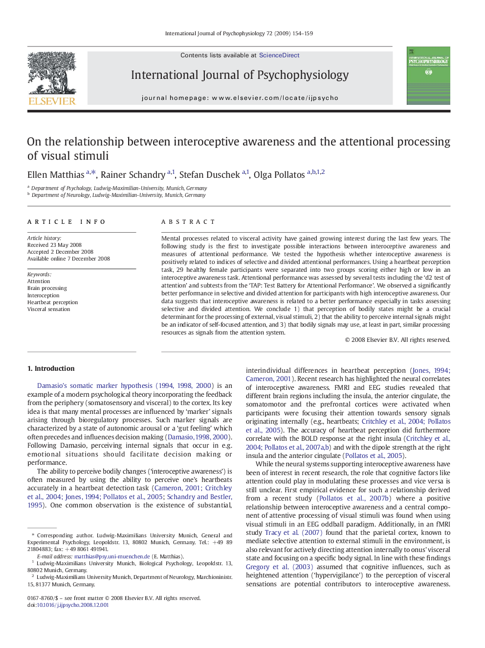 On the relationship between interoceptive awareness and the attentional processing of visual stimuli