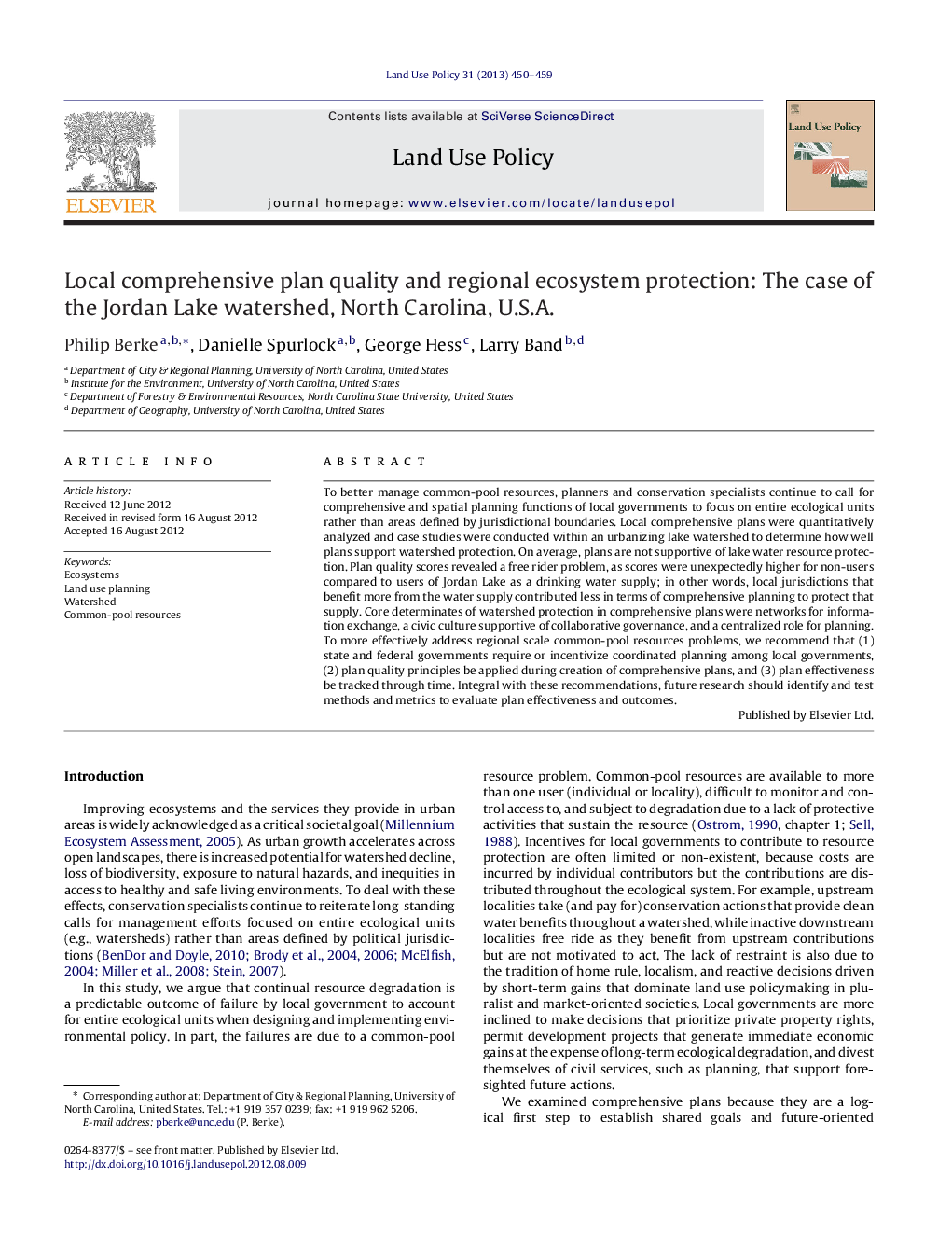 Local comprehensive plan quality and regional ecosystem protection: The case of the Jordan Lake watershed, North Carolina, U.S.A.