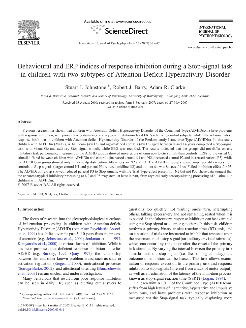 Behavioural and ERP indices of response inhibition during a Stop-signal task in children with two subtypes of Attention-Deficit Hyperactivity Disorder