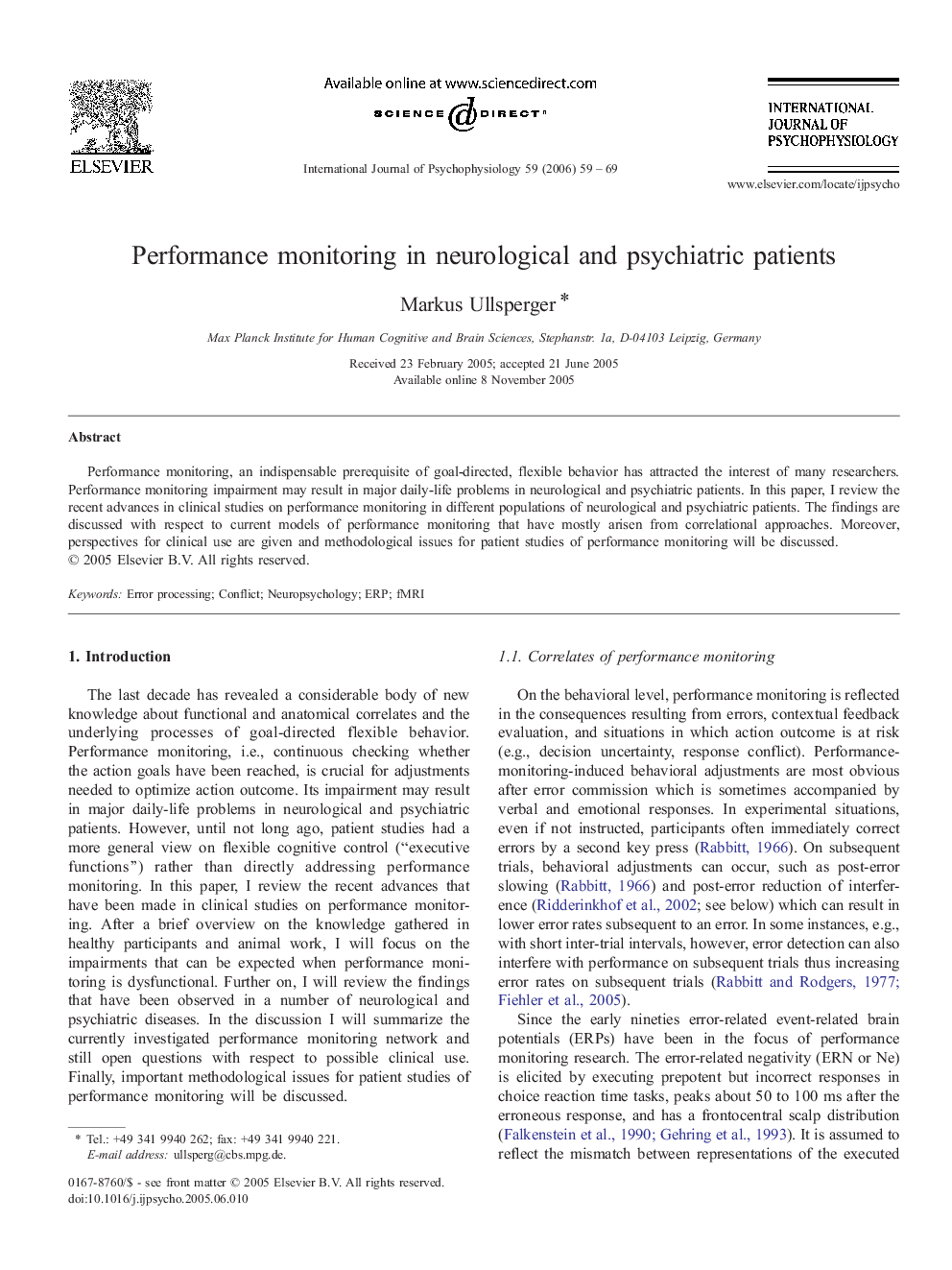 Performance monitoring in neurological and psychiatric patients