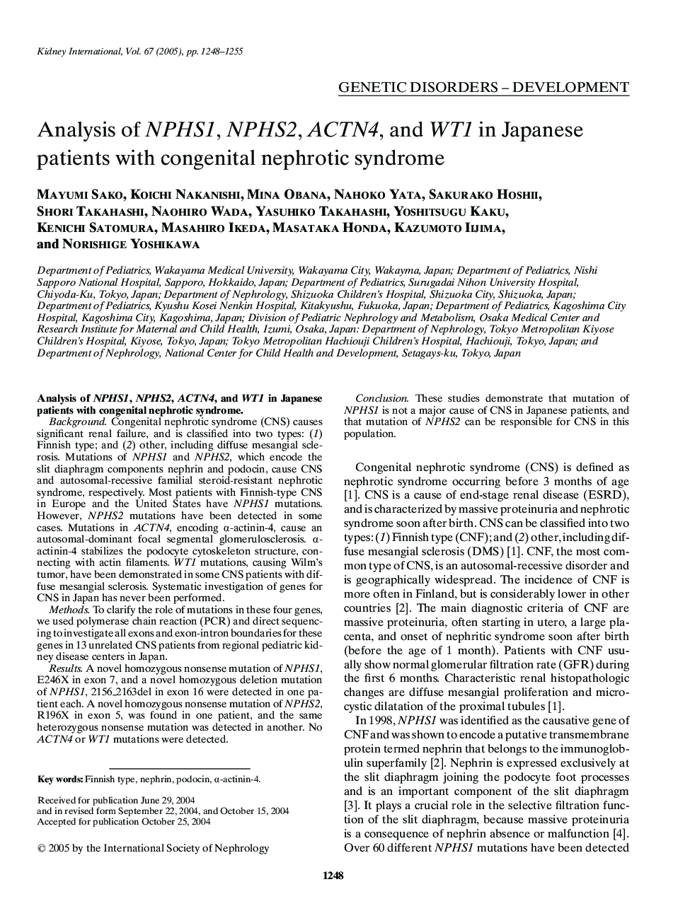 Analysis of NPHS1, NPHS2, ACTN4, and WT1 in Japanese patients with congenital nephrotic syndrome
