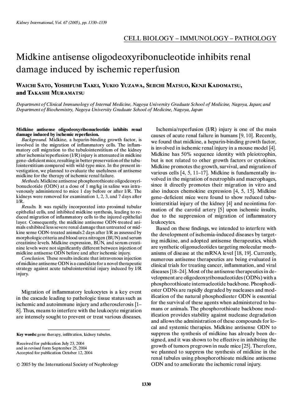 Midkine antisense oligodeoxyribonucleotide inhibits renal damage induced by ischemic reperfusion