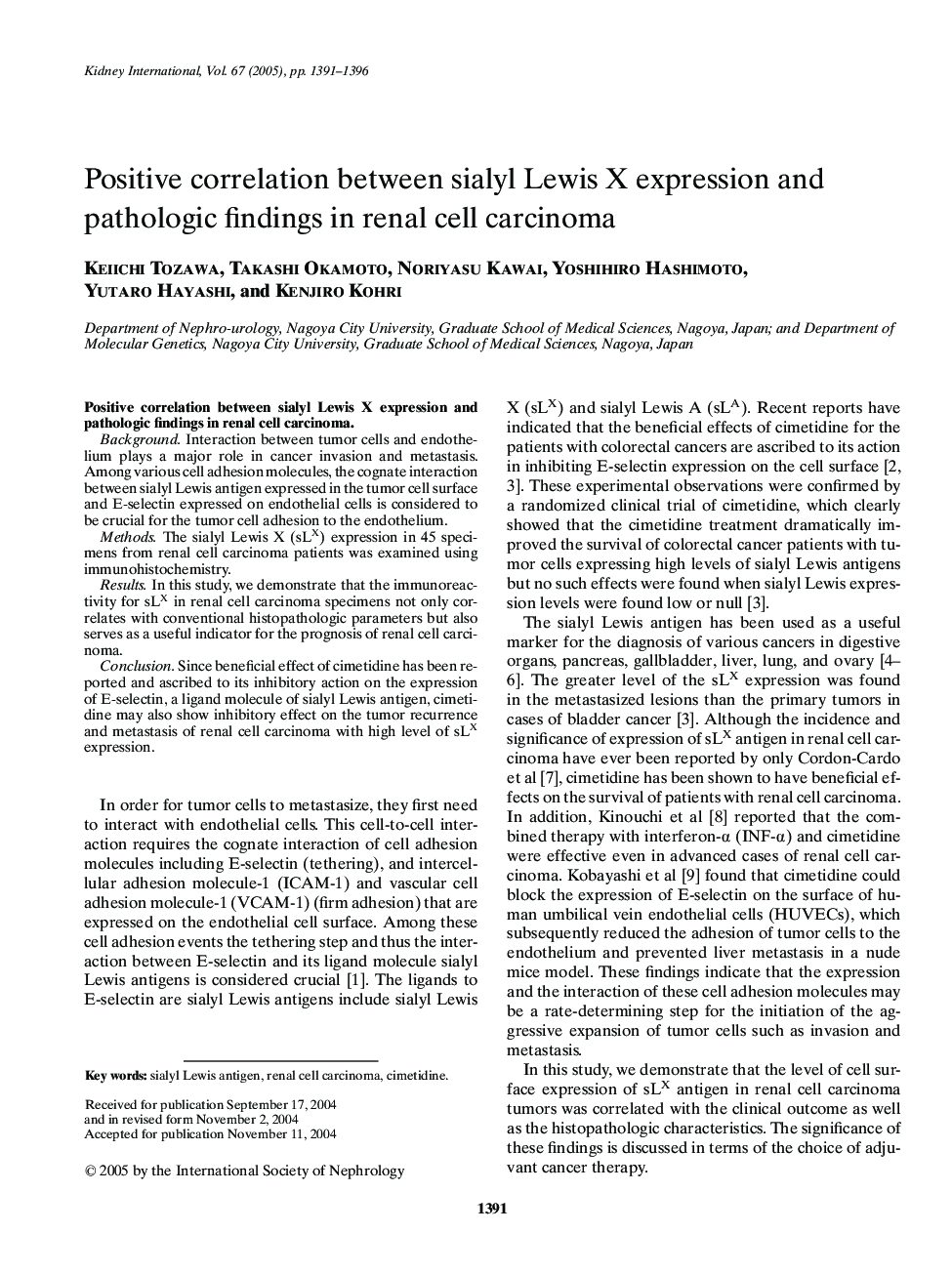 Positive correlation between sialyl Lewis X expression and pathologic findings in renal cell carcinoma