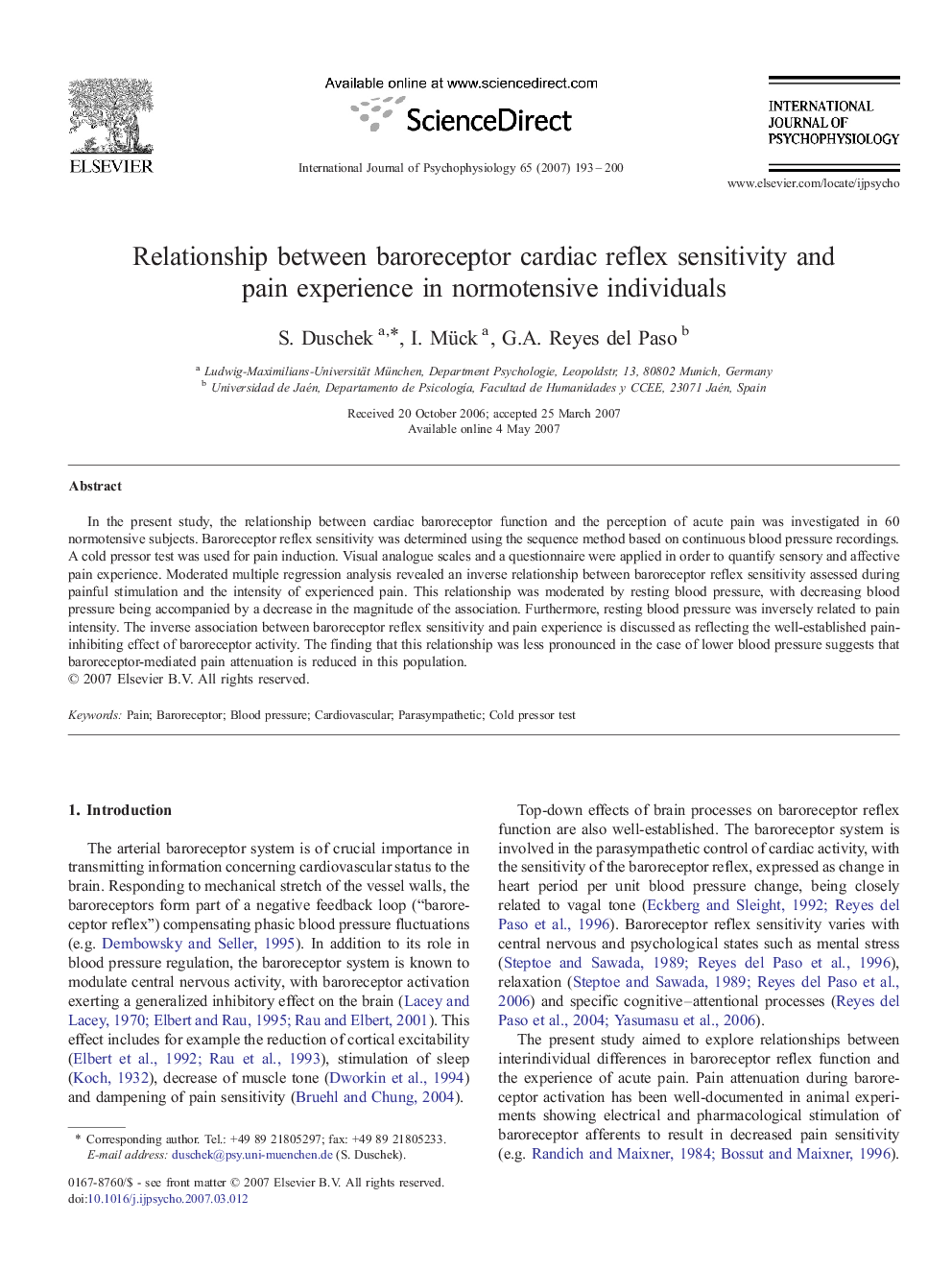 Relationship between baroreceptor cardiac reflex sensitivity and pain experience in normotensive individuals