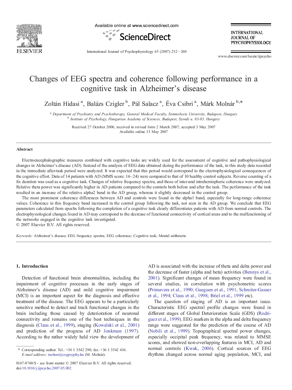 Changes of EEG spectra and coherence following performance in a cognitive task in Alzheimer's disease