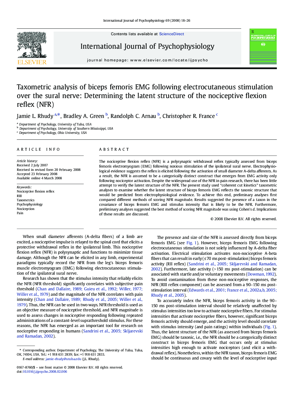 Taxometric analysis of biceps femoris EMG following electrocutaneous stimulation over the sural nerve: Determining the latent structure of the nociceptive flexion reflex (NFR)