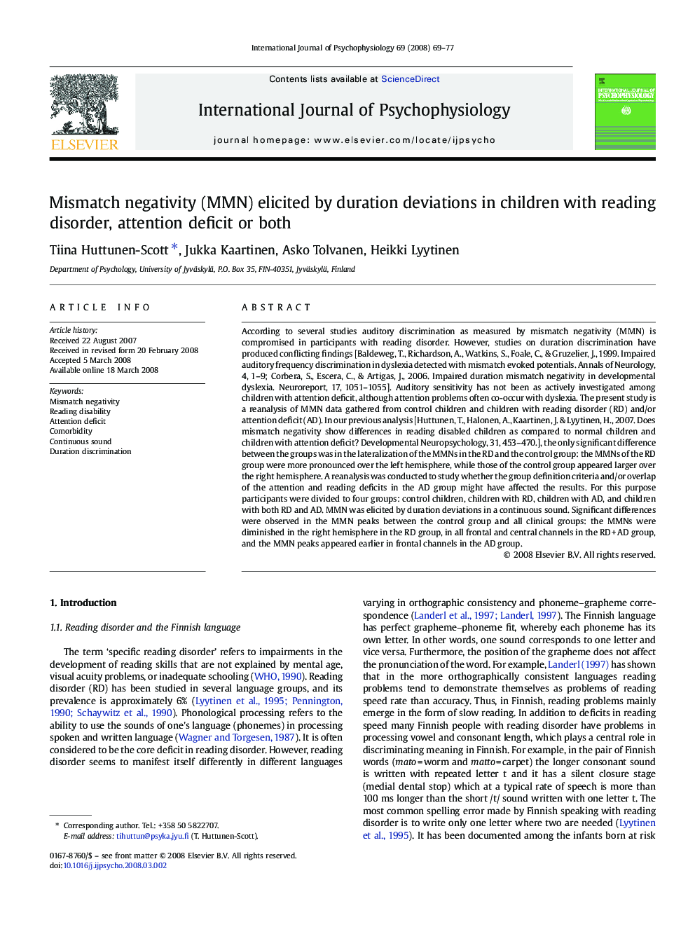 Mismatch negativity (MMN) elicited by duration deviations in children with reading disorder, attention deficit or both