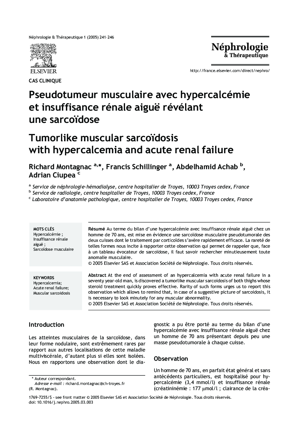 Pseudotumeur musculaire avec hypercalcémie et insuffisance rénale aiguë révélant une sarcoïdose