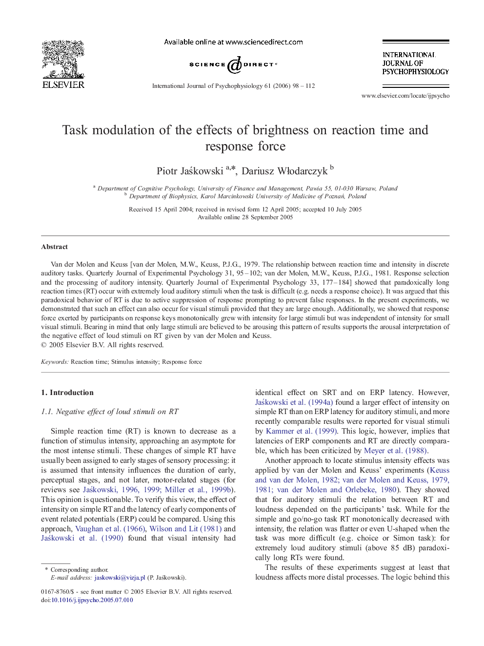 Task modulation of the effects of brightness on reaction time and response force