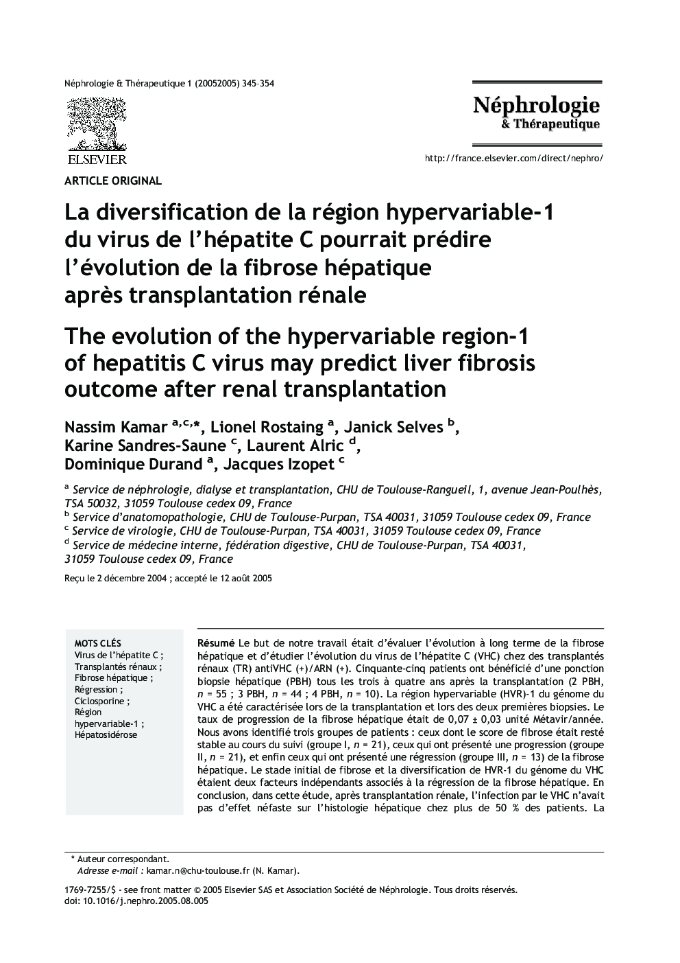 La diversification de la région hypervariable-1 du virus de l'hépatite C pourrait prédire l'évolution de la fibrose hépatique aprÃ¨s transplantation rénale