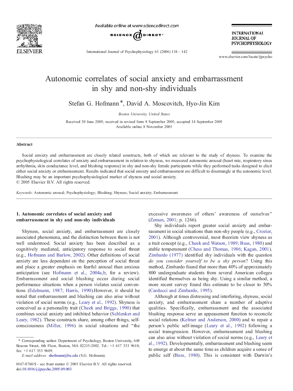 Autonomic correlates of social anxiety and embarrassment in shy and non-shy individuals