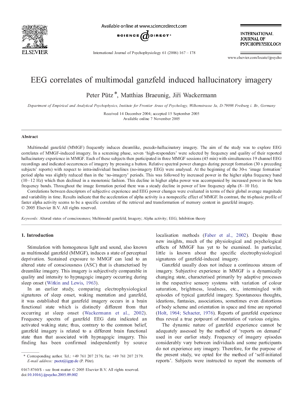EEG correlates of multimodal ganzfeld induced hallucinatory imagery