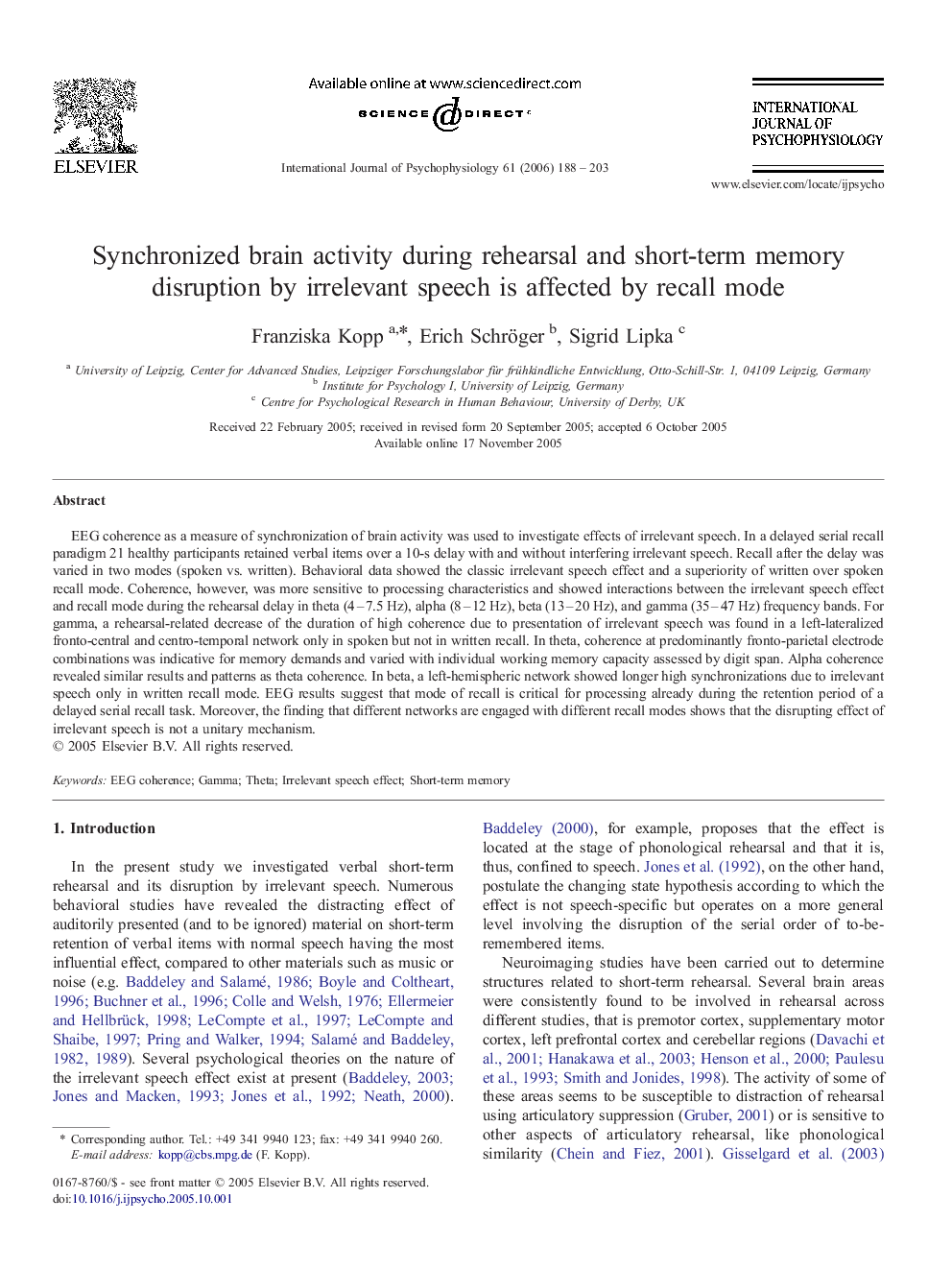 Synchronized brain activity during rehearsal and short-term memory disruption by irrelevant speech is affected by recall mode