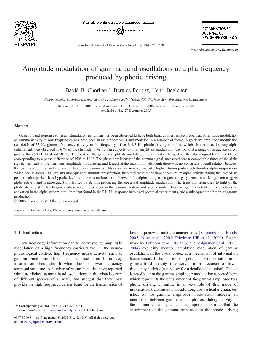 عکس صفحه اول مقاله: Amplitude modulation of gamma band oscillations at alpha frequency produced by photic driving Amplitude modulation of gamma band oscillations at alpha frequency produced by photic driving