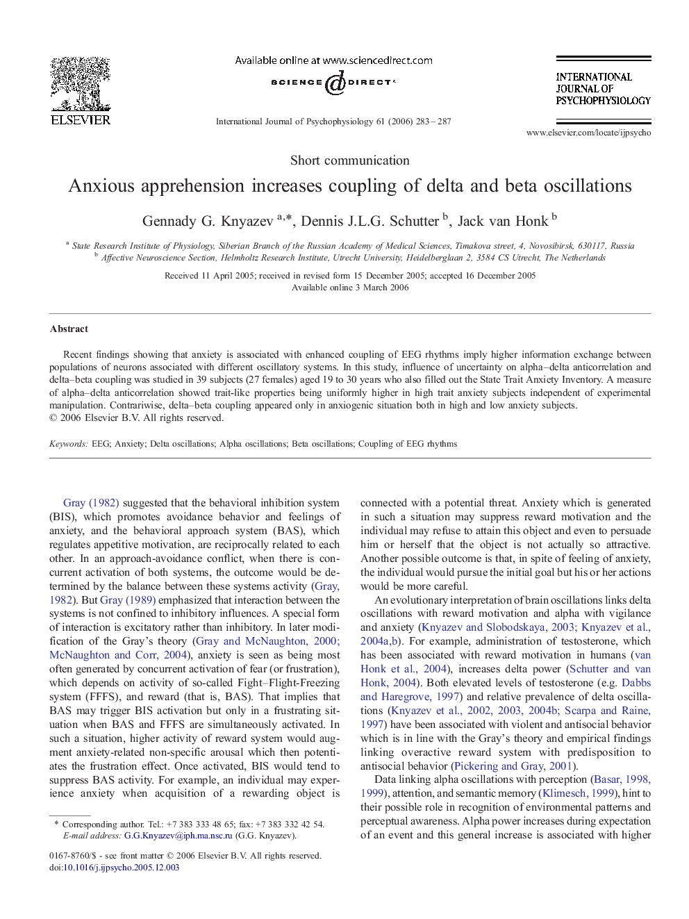 Anxious apprehension increases coupling of delta and beta oscillations