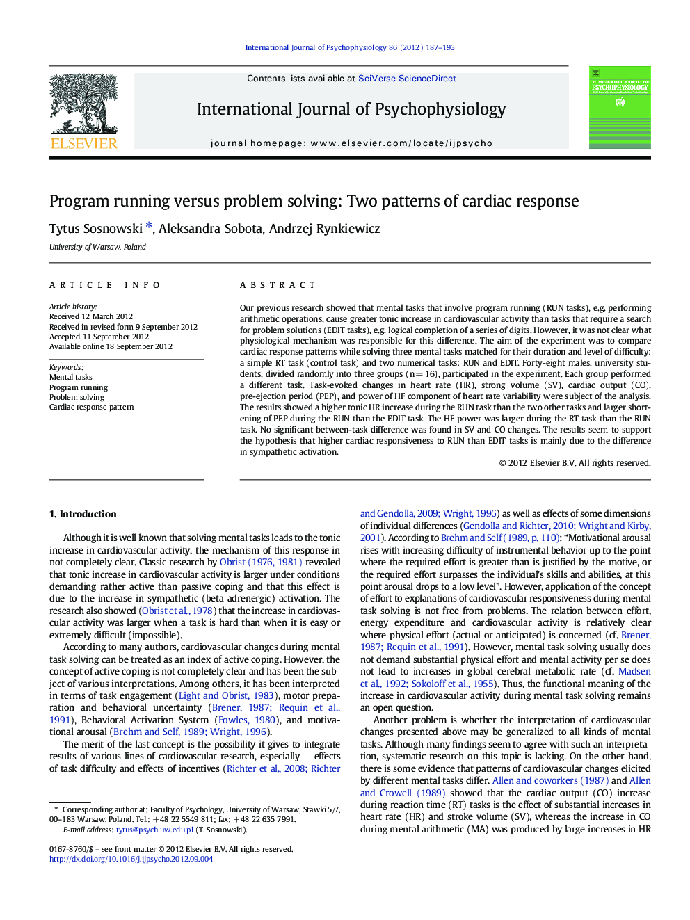 Program running versus problem solving: Two patterns of cardiac response