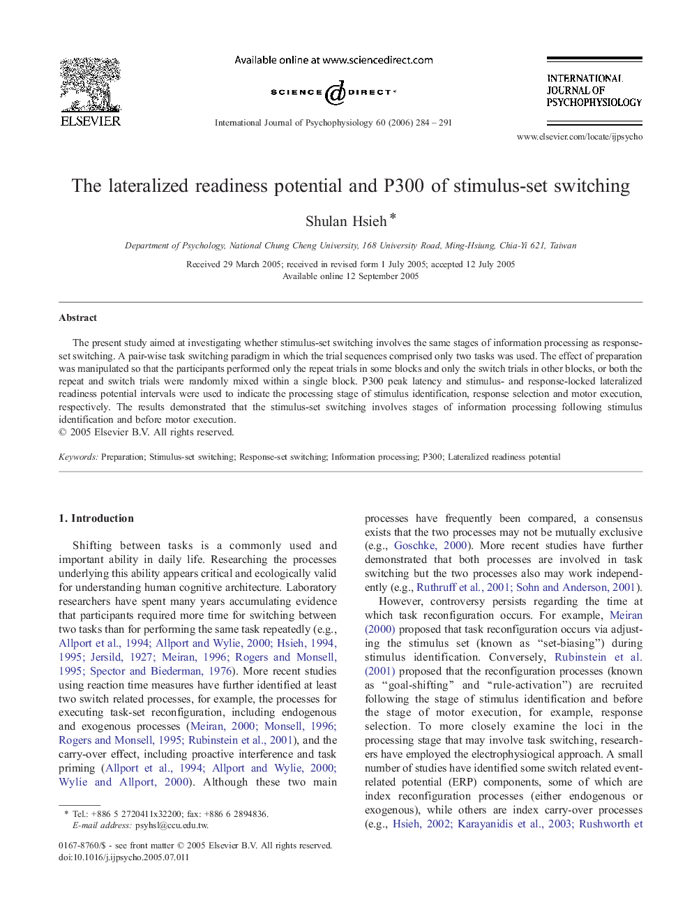 The lateralized readiness potential and P300 of stimulus-set switching