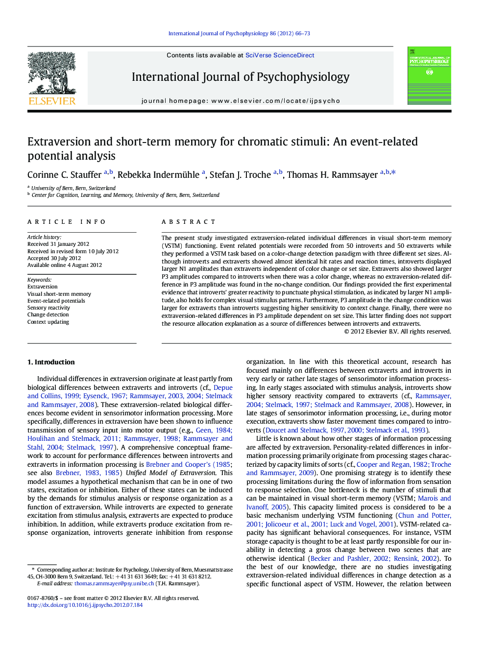 Extraversion and short-term memory for chromatic stimuli: An event-related potential analysis