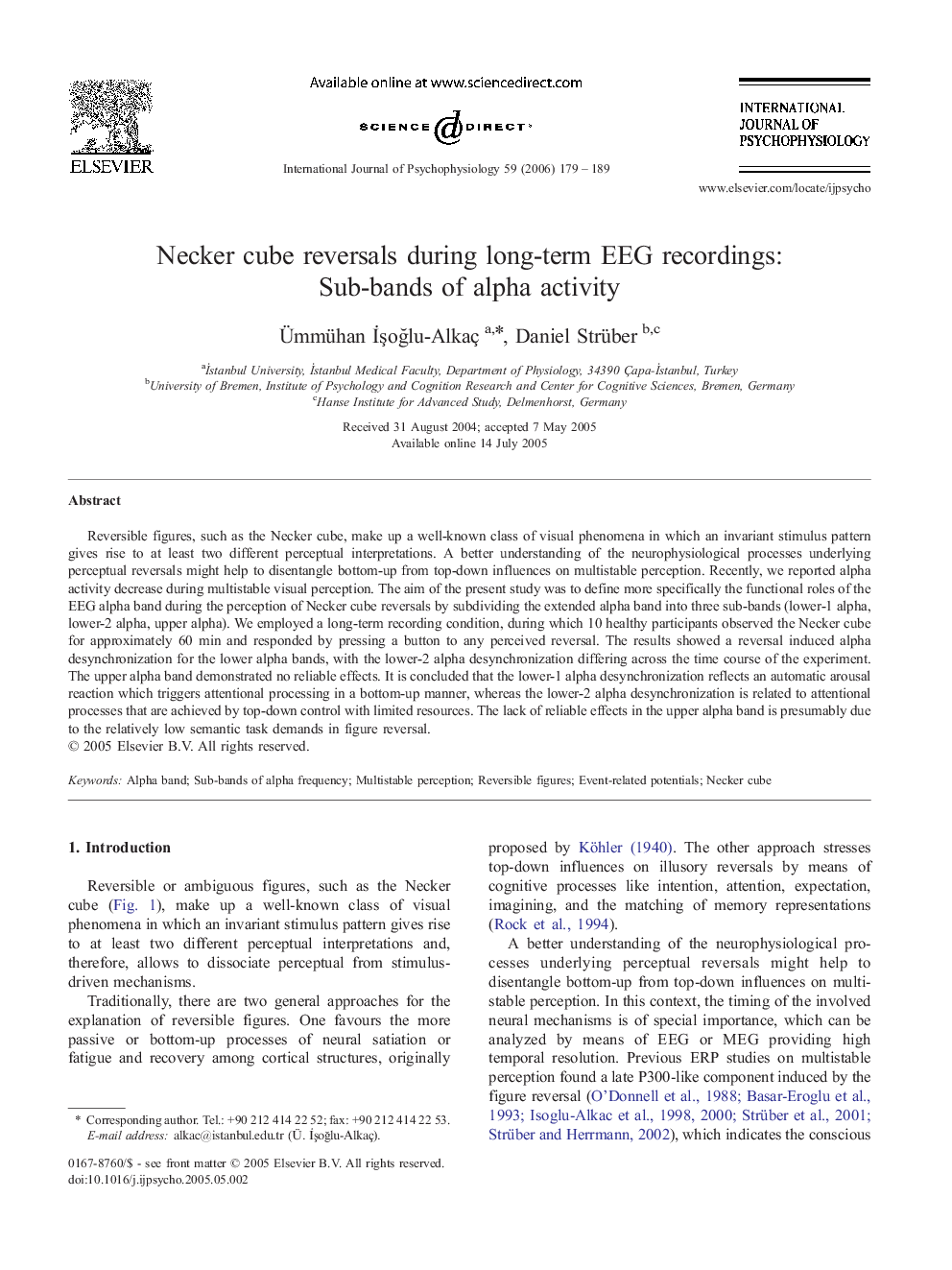 Necker cube reversals during long-term EEG recordings: Sub-bands of alpha activity