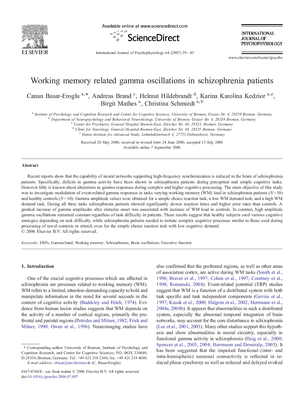 Working memory related gamma oscillations in schizophrenia patients