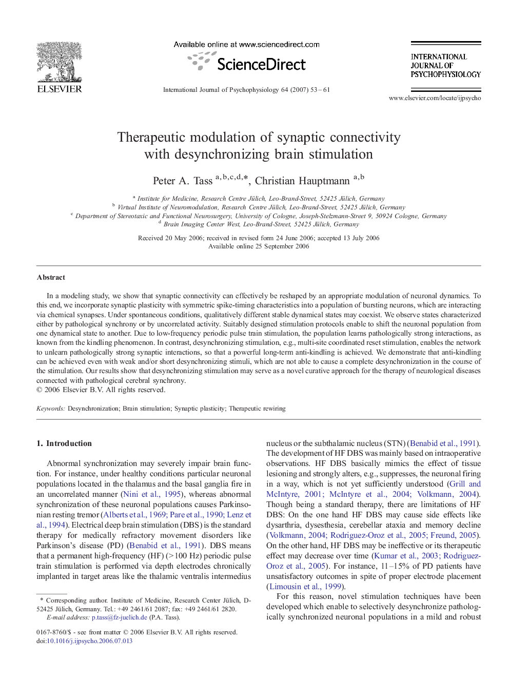 Therapeutic modulation of synaptic connectivity with desynchronizing brain stimulation