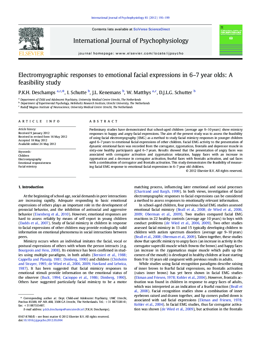 Electromyographic responses to emotional facial expressions in 6–7 year olds: A feasibility study
