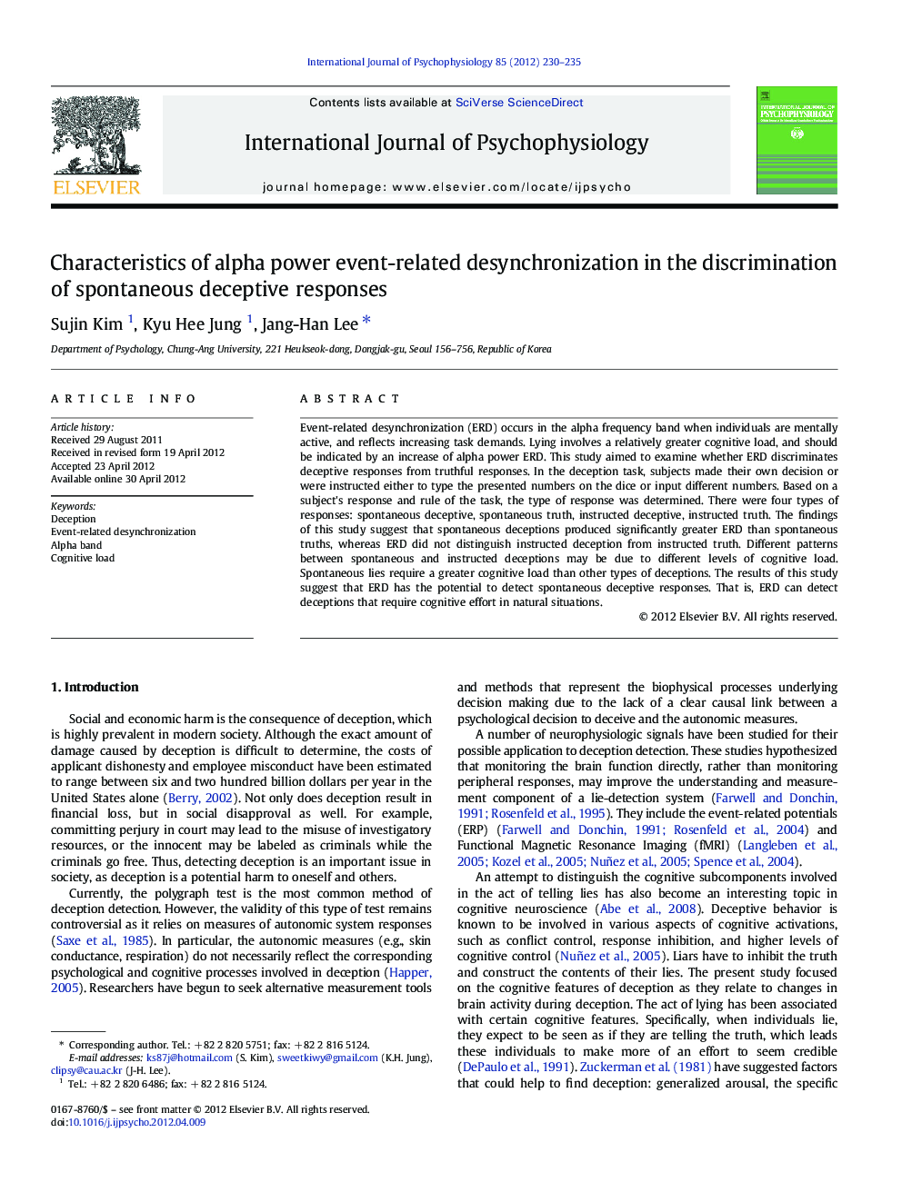 Characteristics of alpha power event-related desynchronization in the discrimination of spontaneous deceptive responses