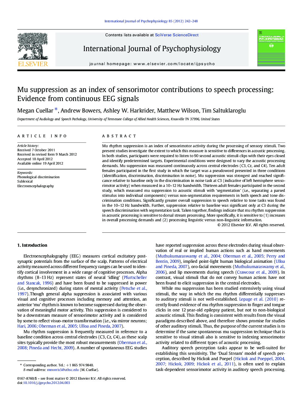 عکس صفحه اول مقاله: Mu suppression as an index of sensorimotor contributions to speech processing: Evidence from continuous EEG signals Mu suppression as an index of sensorimotor contributions to speech processing: Evidence from continuous EEG signals