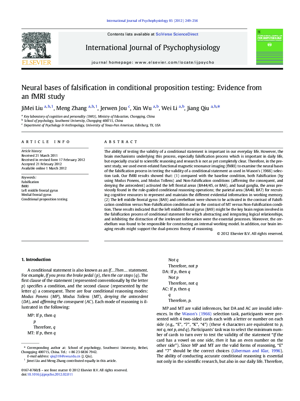 Neural bases of falsification in conditional proposition testing: Evidence from an fMRI study