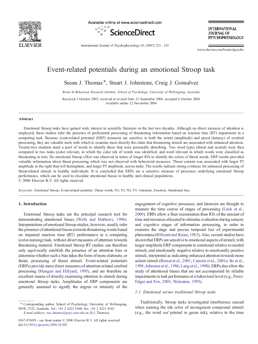 Event-related potentials during an emotional Stroop task