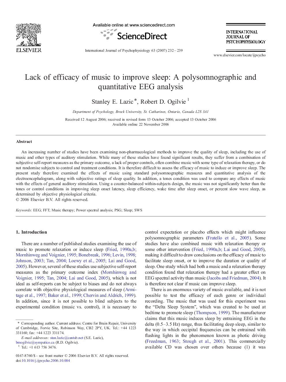 Lack of efficacy of music to improve sleep: A polysomnographic and quantitative EEG analysis