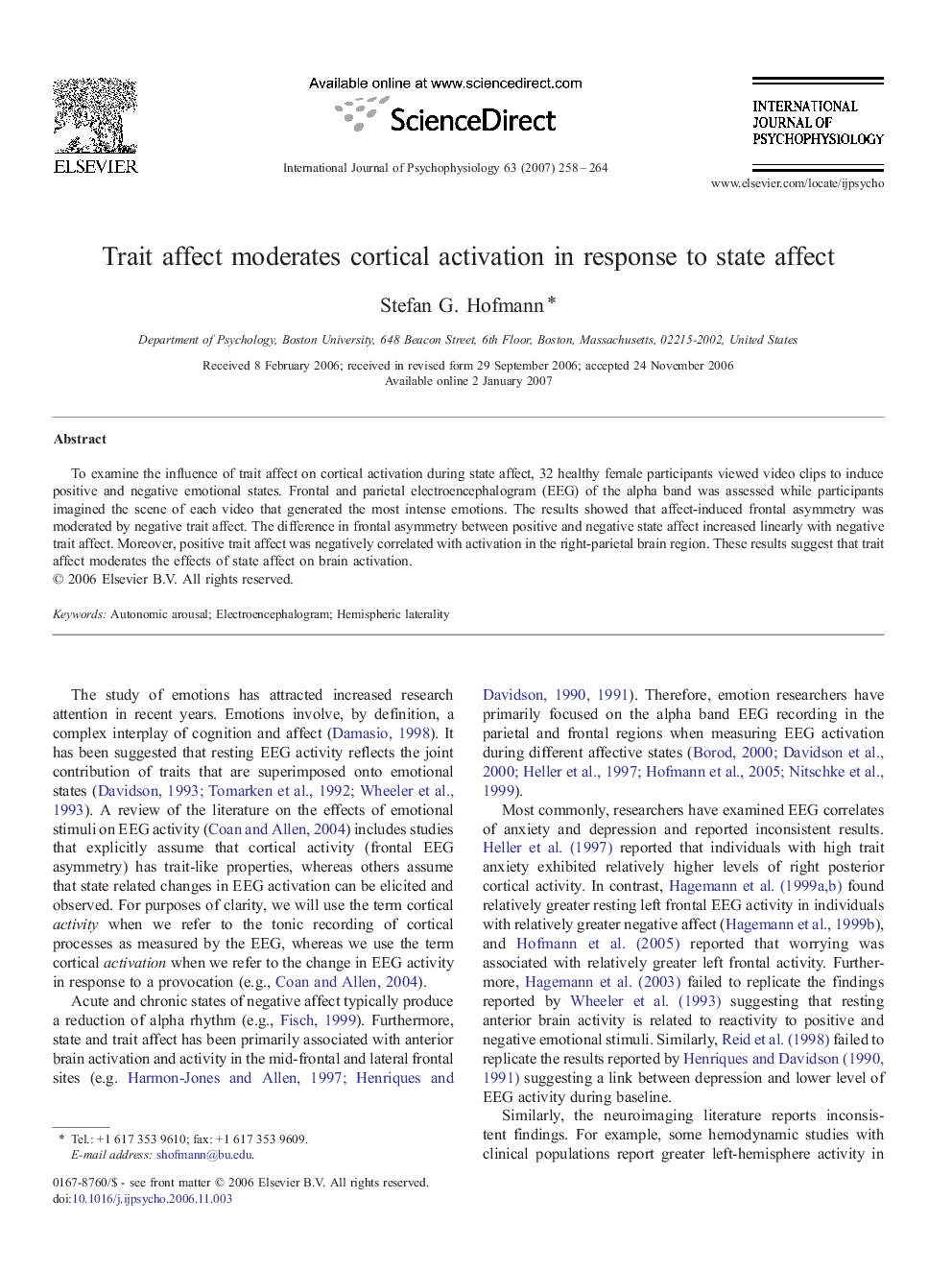 Trait affect moderates cortical activation in response to state affect